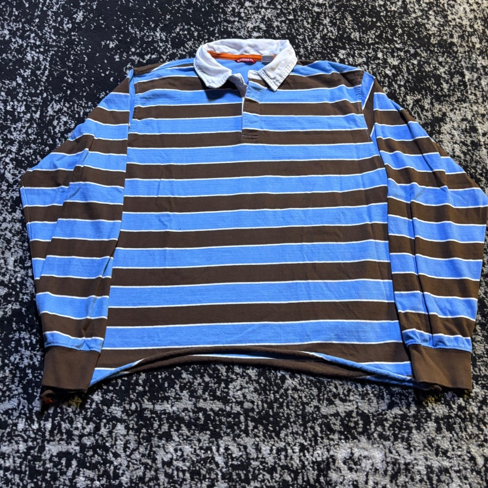 Unionbay Mens XXL Rugby Shirt Long Sleeve Striped Brown Blue Y2K Cotton Polo